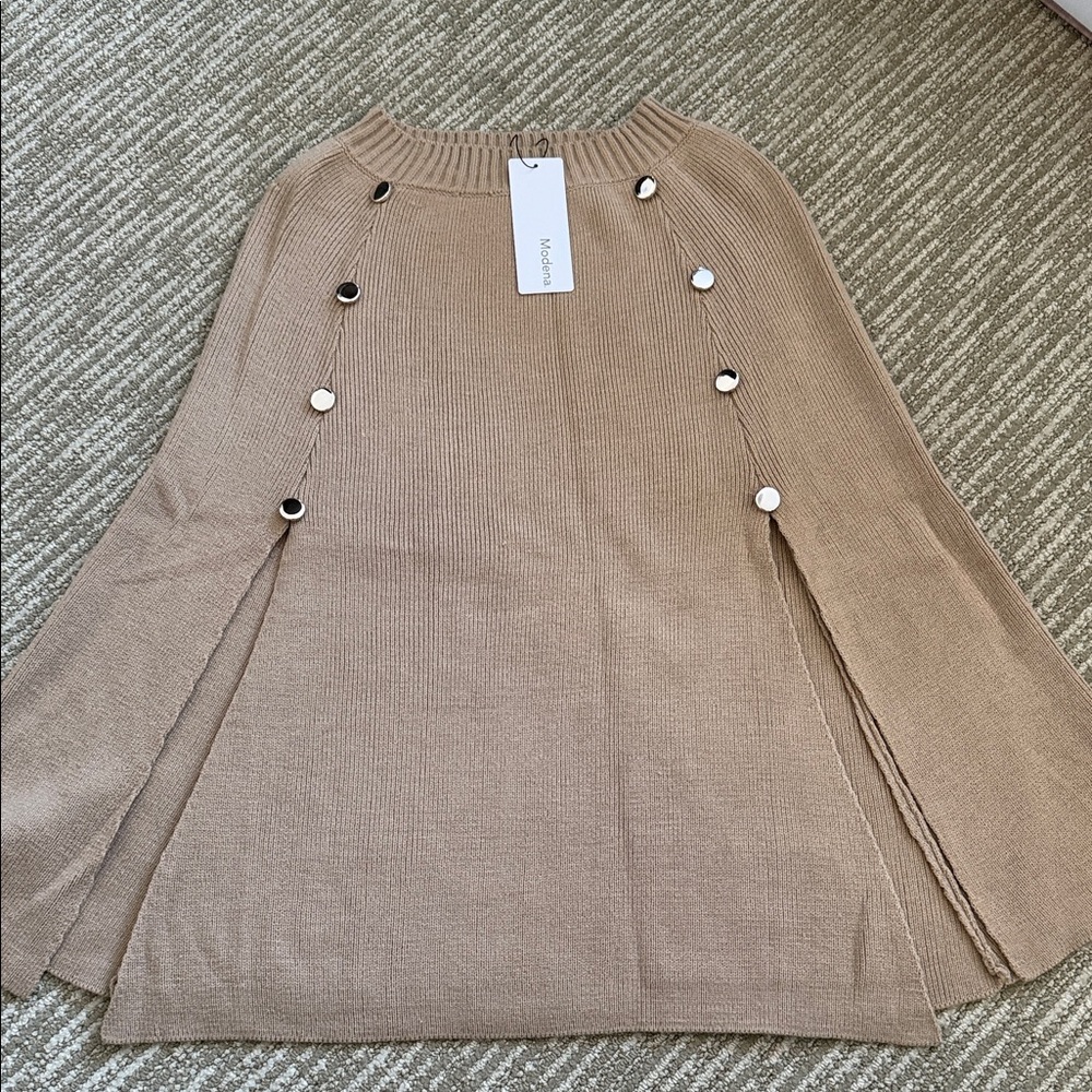 Tan Sweater Poncho with Button Accents